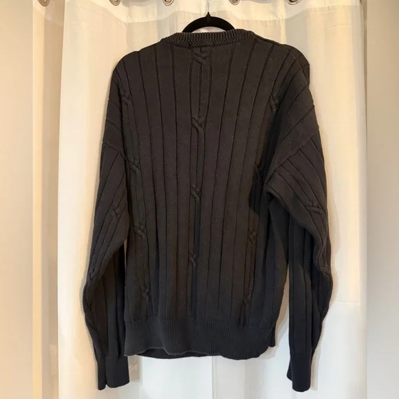 Vintage Nautica Cable Knit Sweater L Black 100% Cotton 90s Logo Crewneck - Picture 4 of 13